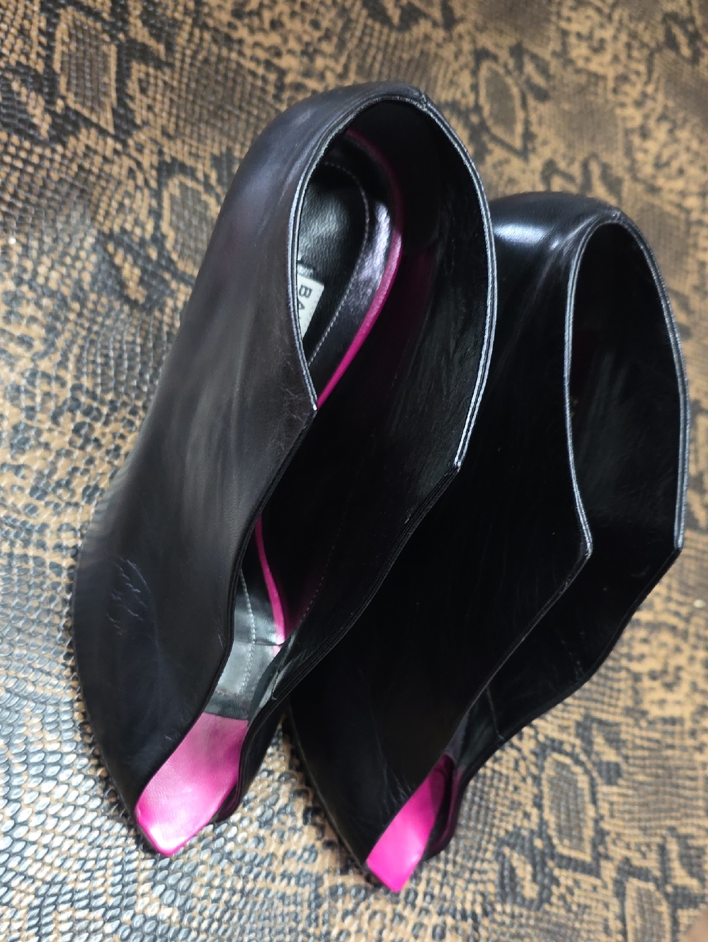Balenciaga Black Leather Peep-Toe Heels with Pink Insole